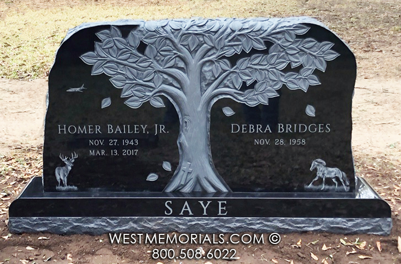 black granite horses and dog tree headstone