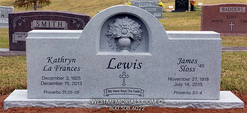 lewis gray granite companion headstone with flowers vase religious cross
