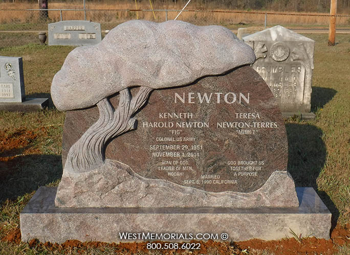newton purple charcoal granite tree carved canopy companion double headstone religious gravestone