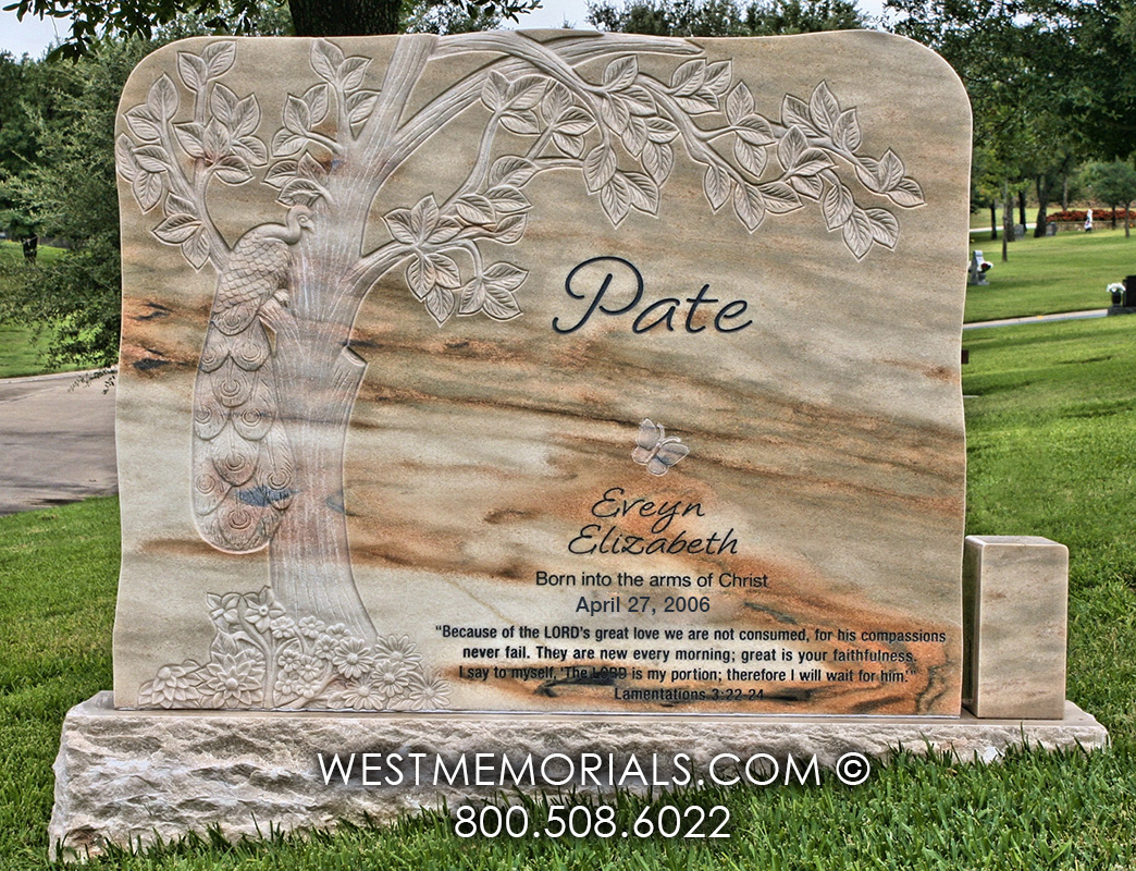 pate marble peach peacock tree baby headstone gravestone monument