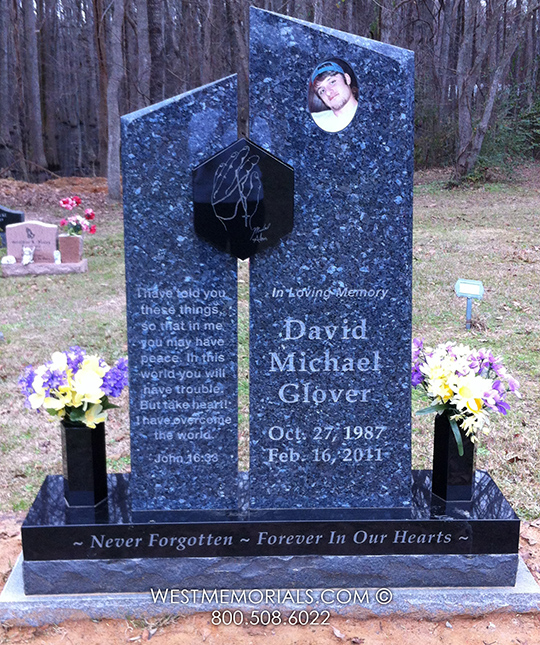 glover custom blue black granite hand cross portrait headstone memorial
