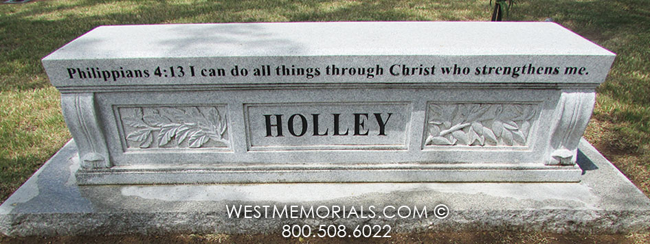 holley bench gray granite carved family religious leaves headstone