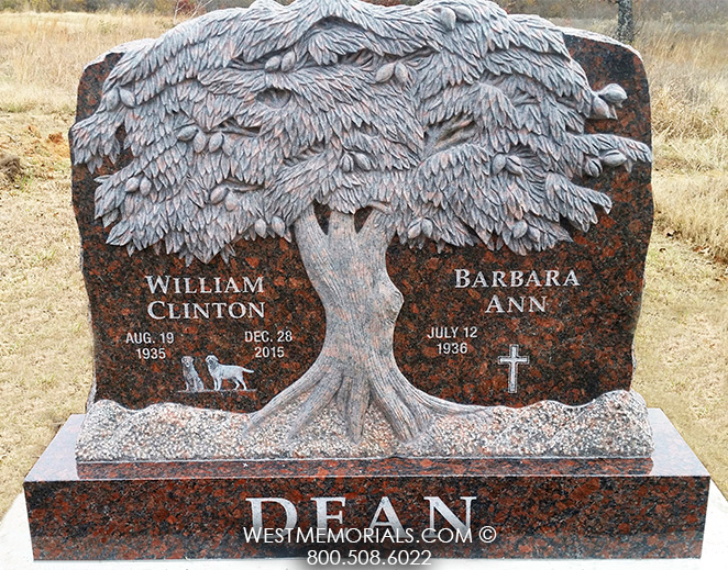 dead red brown granite carved tree double companion cross dogs headstone