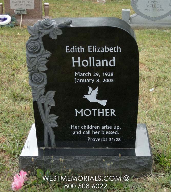 black granite bird dove roses carved headstone