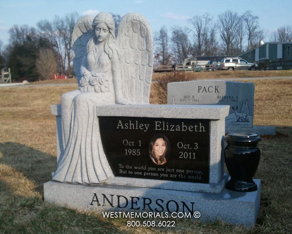 anderson headstone gray black granite angel bench floral custom tombstone