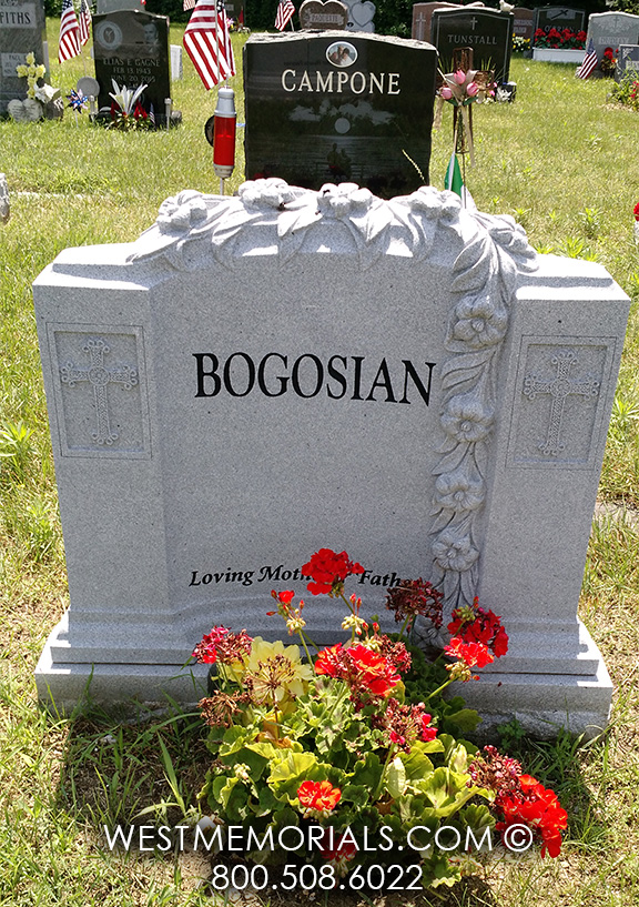 bogosian round gray granite handcarved lily drape cross double companion monument
