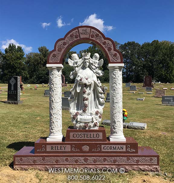 costello red granite white marble angel cherub statue columns and roses hand carved family estate monument