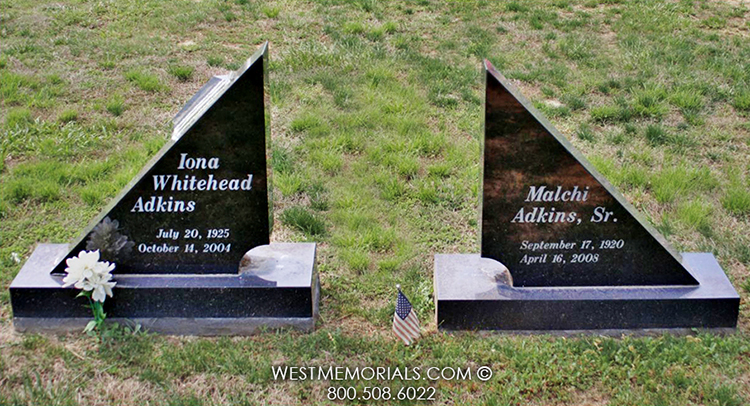adkins black granite contemporary triangle headstones upright companion tombstone for family