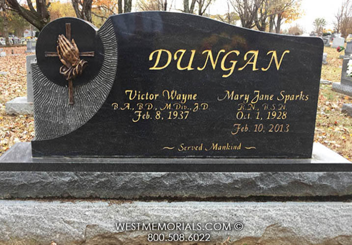 dungan black granite cross praying hands custom companion monument headstone