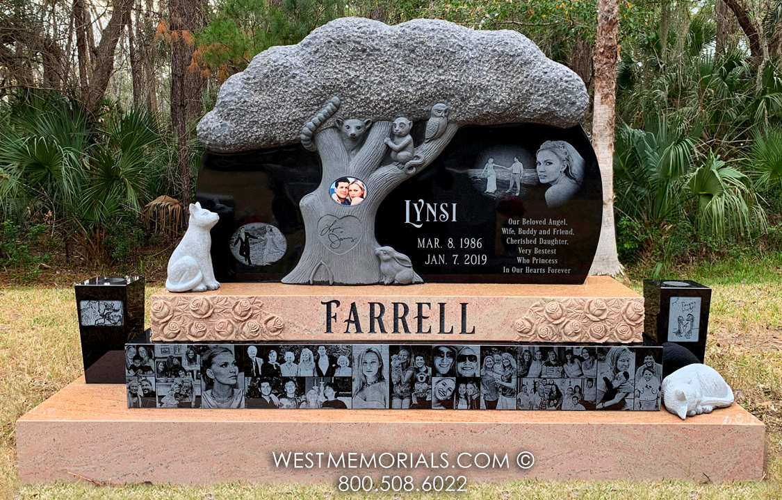 farrell black and pink tree animal headstone monument