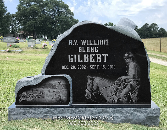 gilbert granite boulder carved cowboy headstone