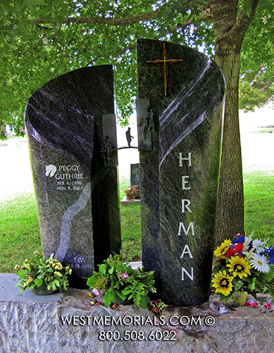 herman headstone blue granite cross and pillars custom bench headstone monument