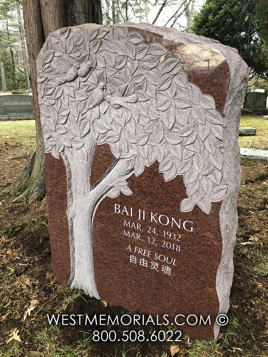 kong red chinese granite hand carved tree and bird headstone