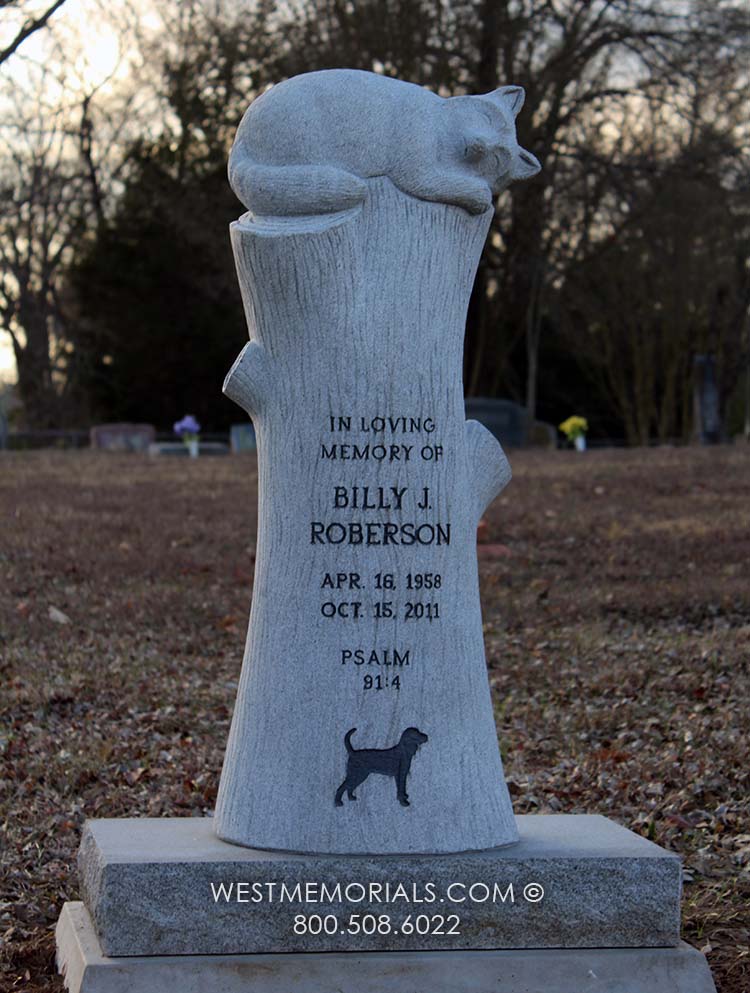 roberson upright custom cat on tree headstone