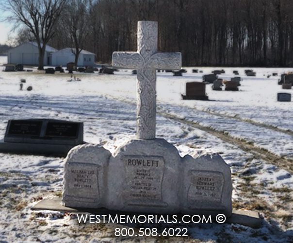 rowlett granite gray white scroll wood cross boulder headstone