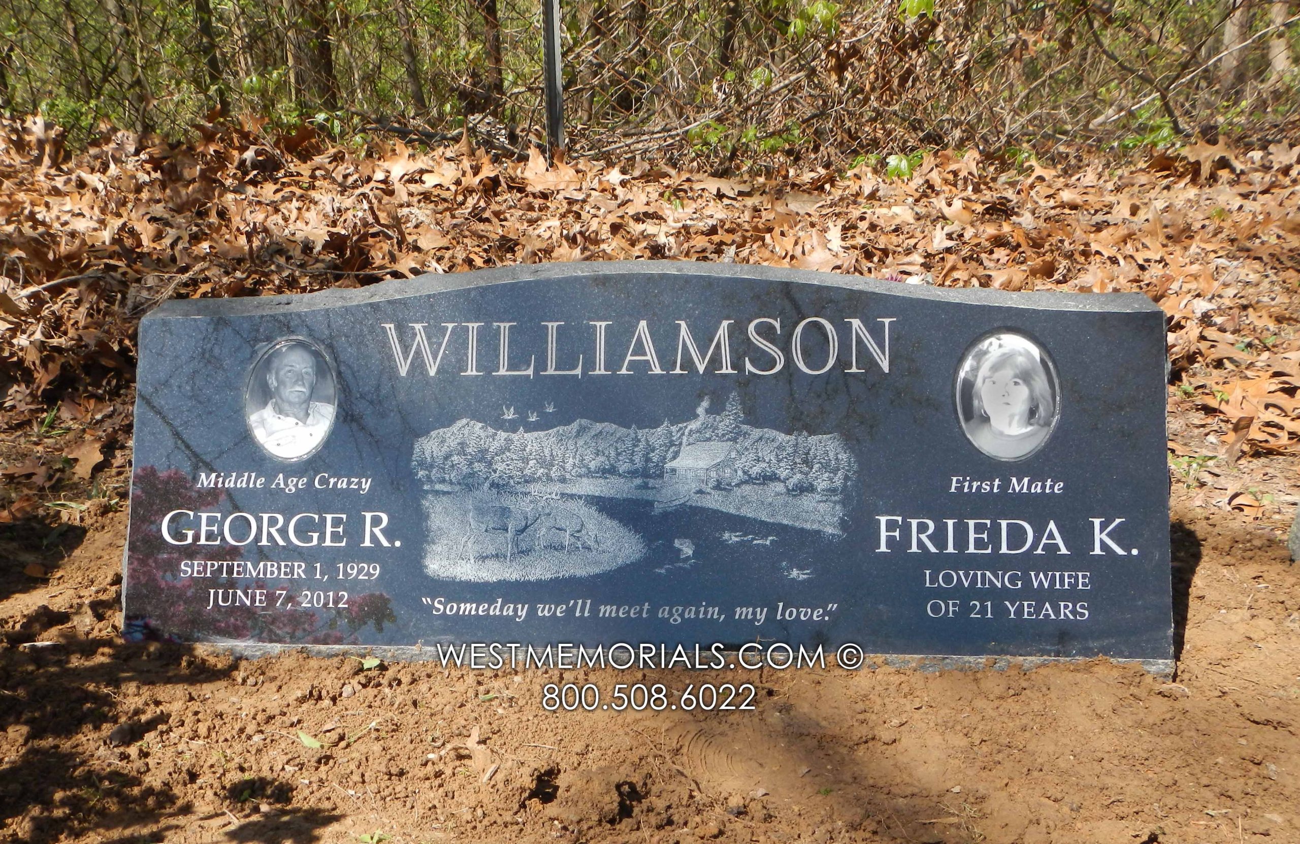 williamson black granite slant family headstone monument with portraits for grave