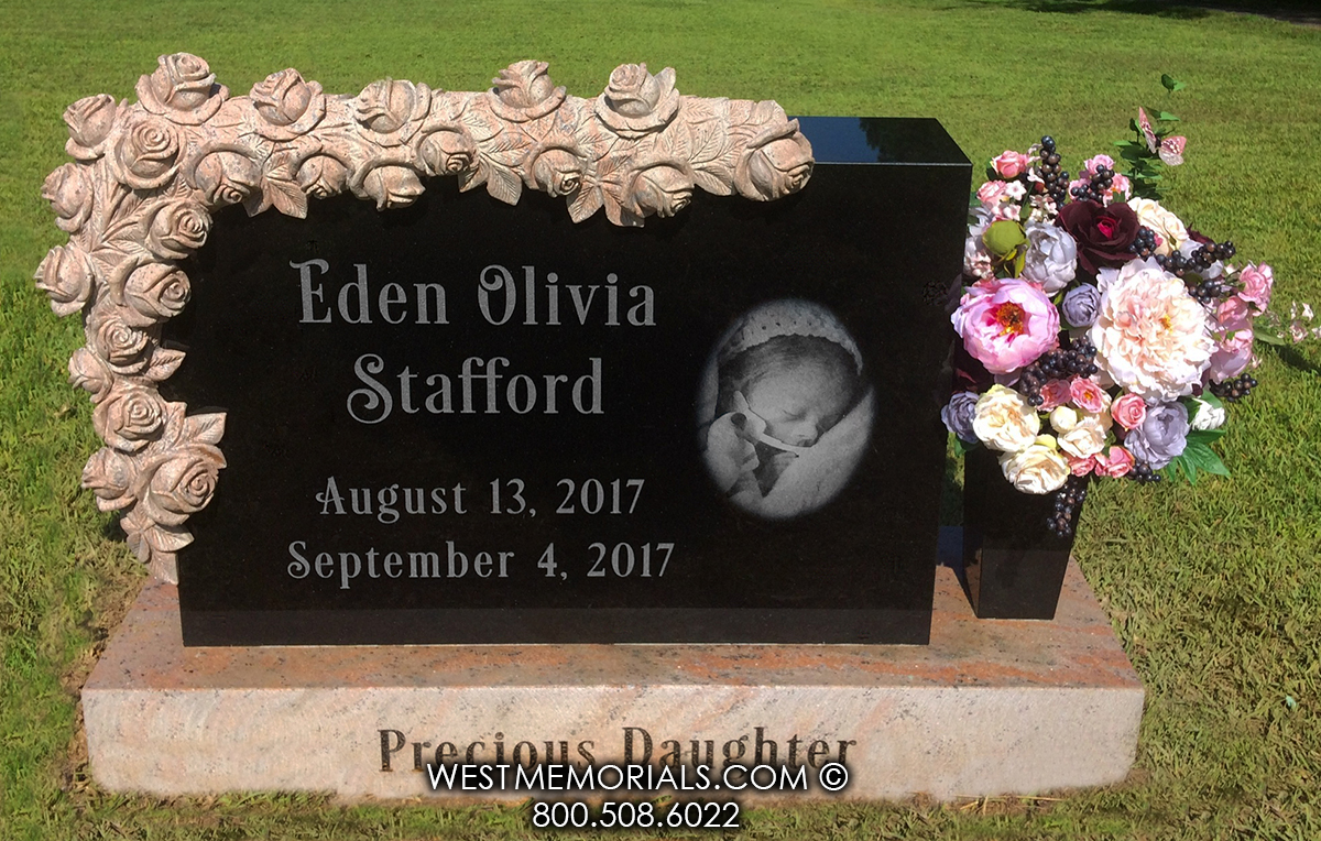 stafford infant black granite and red granite flowers headstone for infant