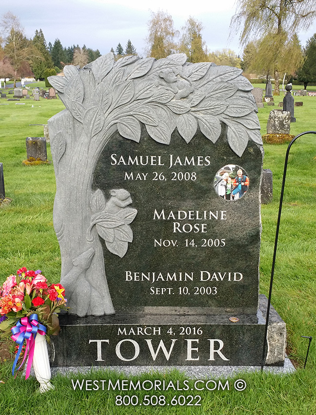 tower bear mouse monkey tree hand carved green granite child and family headstone