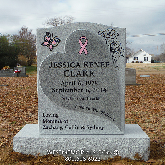 clark headstone gray granite heart with breast cancer ribbon and butterfly