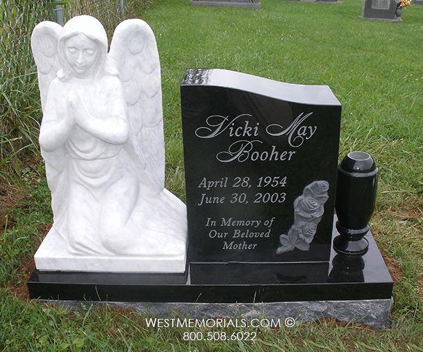 debooher black granite white marble angel rose praying custom headstone monument