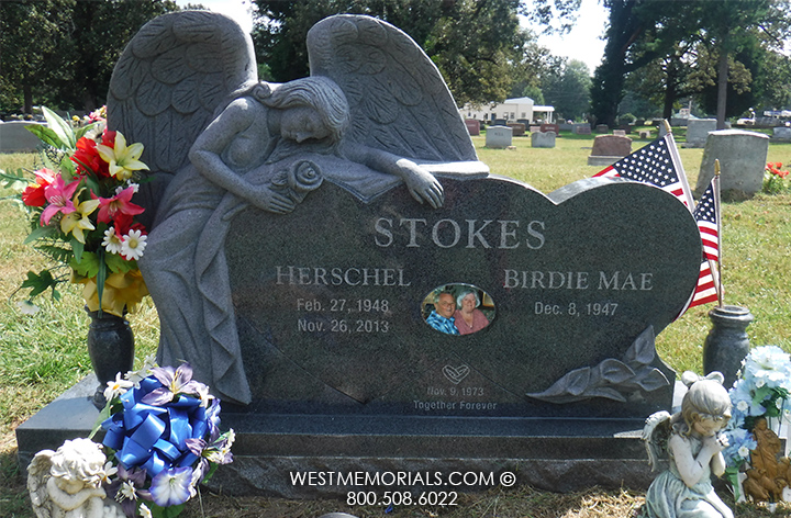 stokes charcoal granite double heart angel rose companion custom headstone