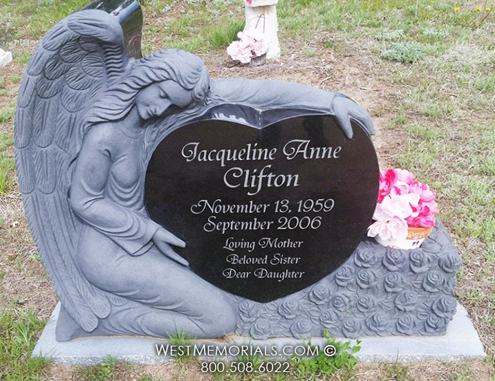 clifton angel heart sculpture with roses gray black headstone