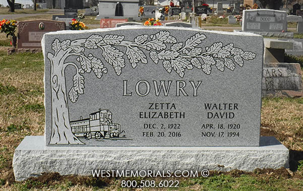 lowry gray granite custom train tree double headstone monument