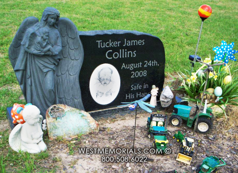 collins angel black granite infant portrait baby headstone gravestone