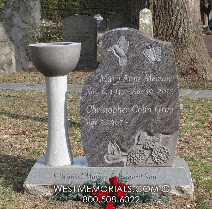 mecum blue swirl granite bird bath hummingbird tombstone gravestone