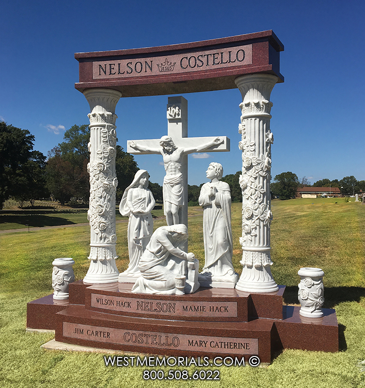 nelson costello jesus crucifixion white granite column family grave monument