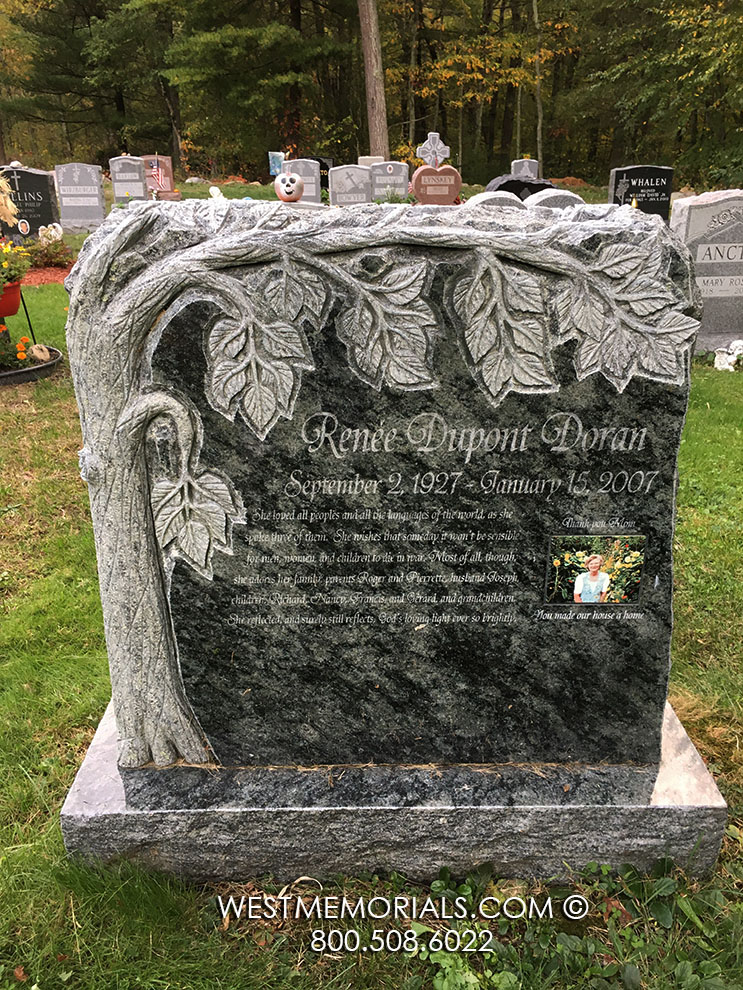 doran custom tree with olive green granite leaves headstone gravestone